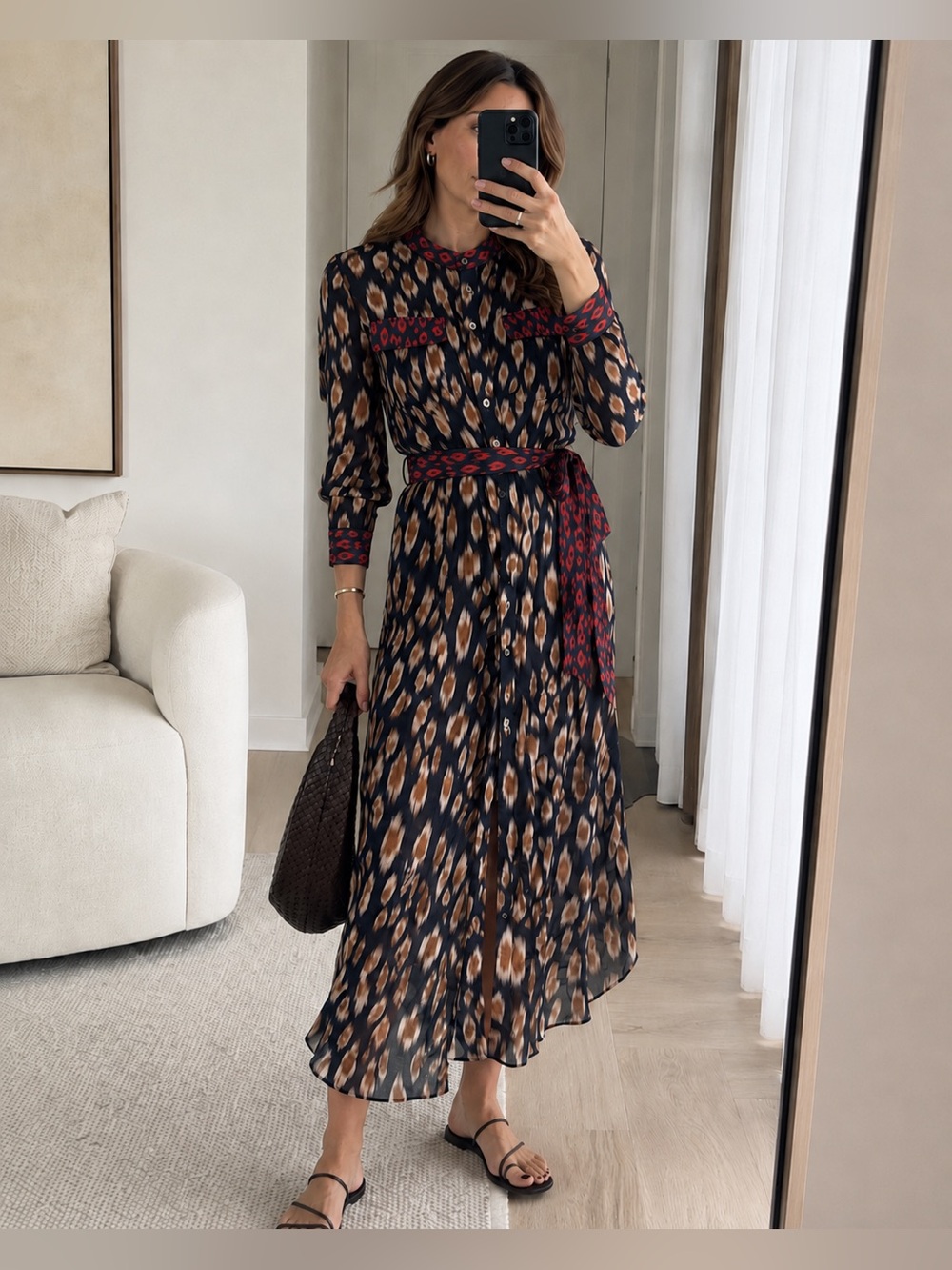 Megan Park Silk Shirt Dress Navy Beige Red Abstract Print Belted Button Front 2